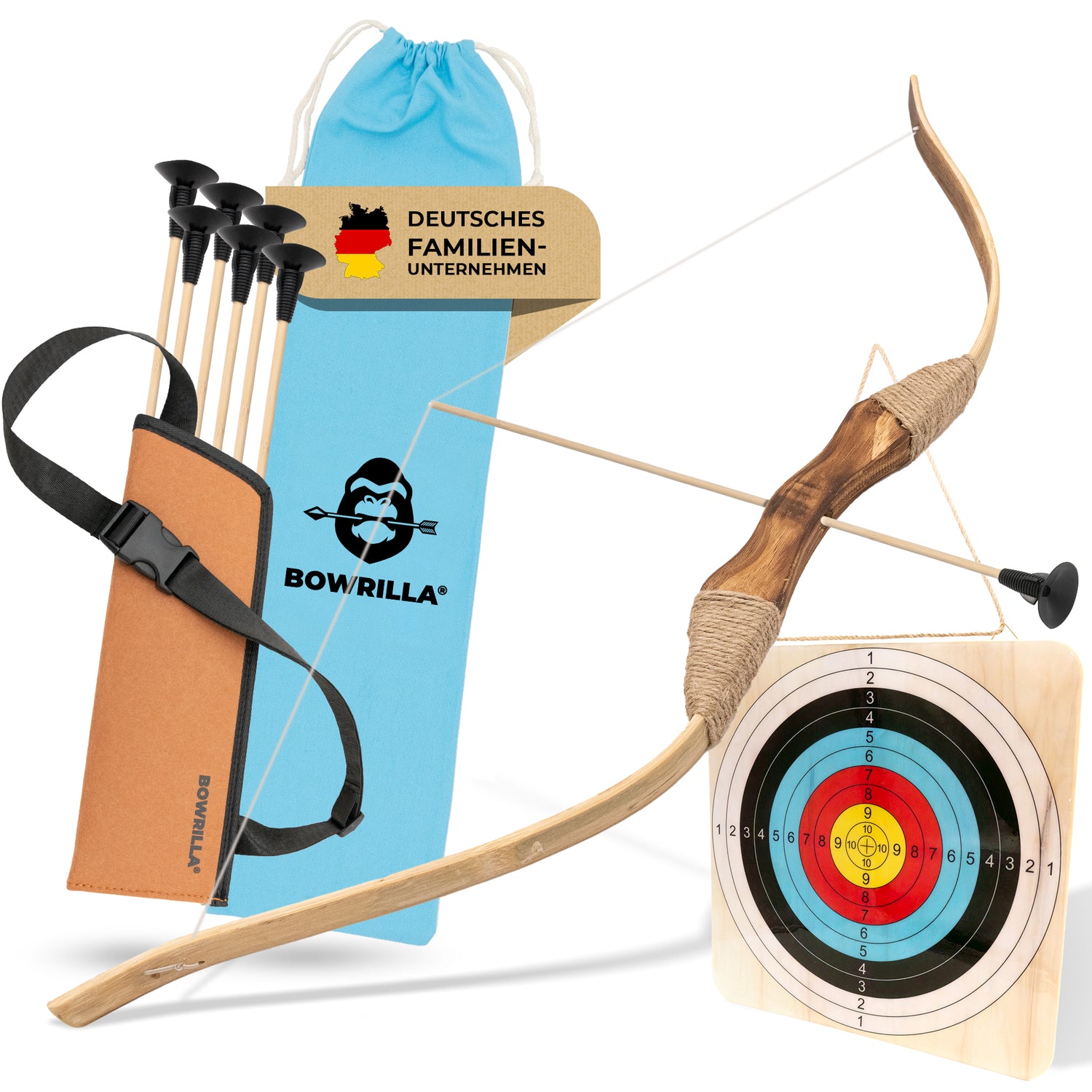 BOWRILLA Holzbogen Set mit 6 Saugnapf-Pfeilen, Zielscheibe, Köcher und Tasche