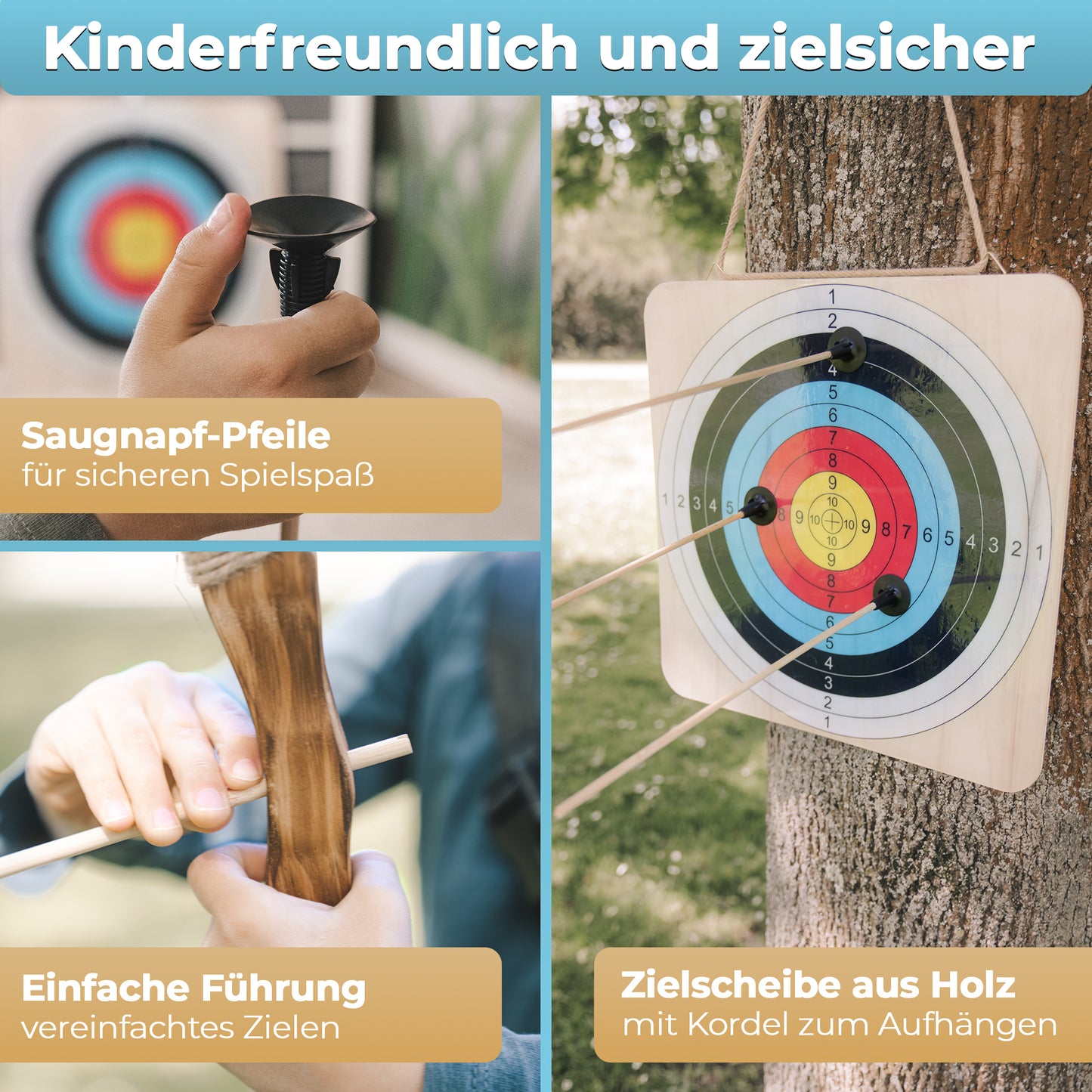 BOWRILLA Holzbogen Set mit 6 Saugnapf-Pfeilen, Zielscheibe, Köcher und Tasche