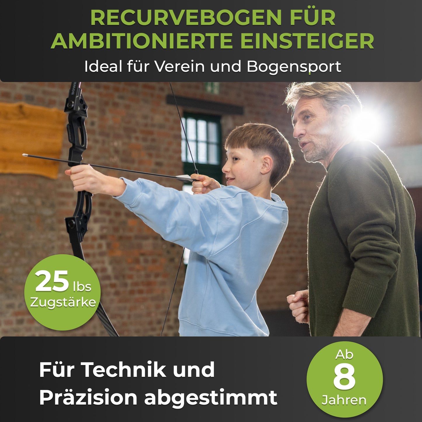 BOWRILLA Recurvebogen Set für Einsteiger ab 8 Jahren, 25 lbs, 6 Carbon-Hybrid Pfeile & 3 Zielscheiben
